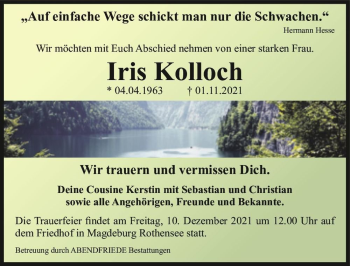 Traueranzeige von Iris Kolloch  von Magdeburger Volksstimme
