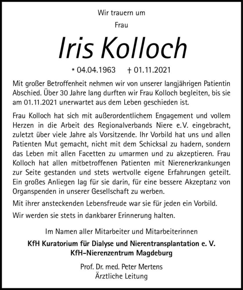  Traueranzeige für Iris Kolloch  vom 20.11.2021 aus Magdeburger Volksstimme