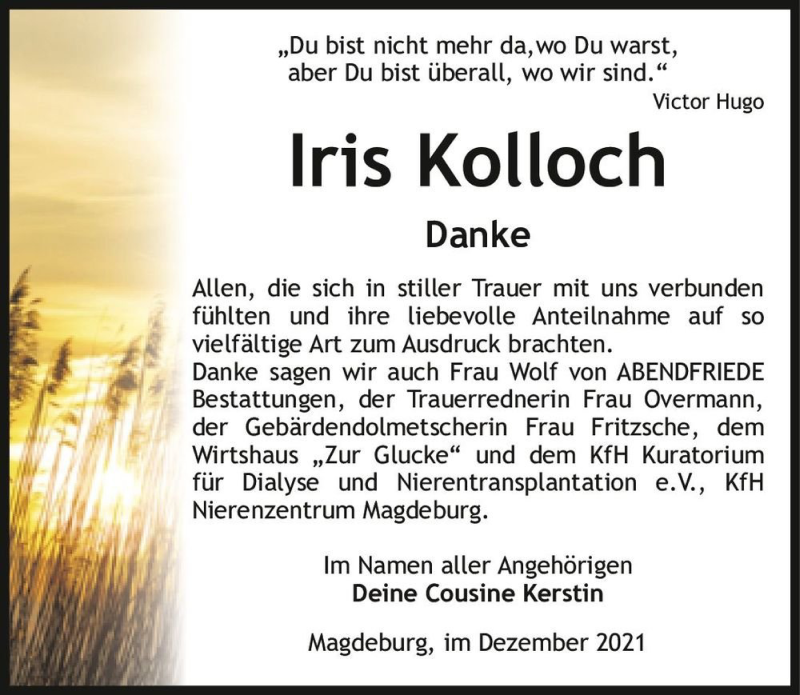  Traueranzeige für Iris Kolloch  vom 18.12.2021 aus Magdeburger Volksstimme