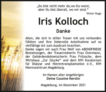 Traueranzeige von Iris Kolloch  von Magdeburger Volksstimme