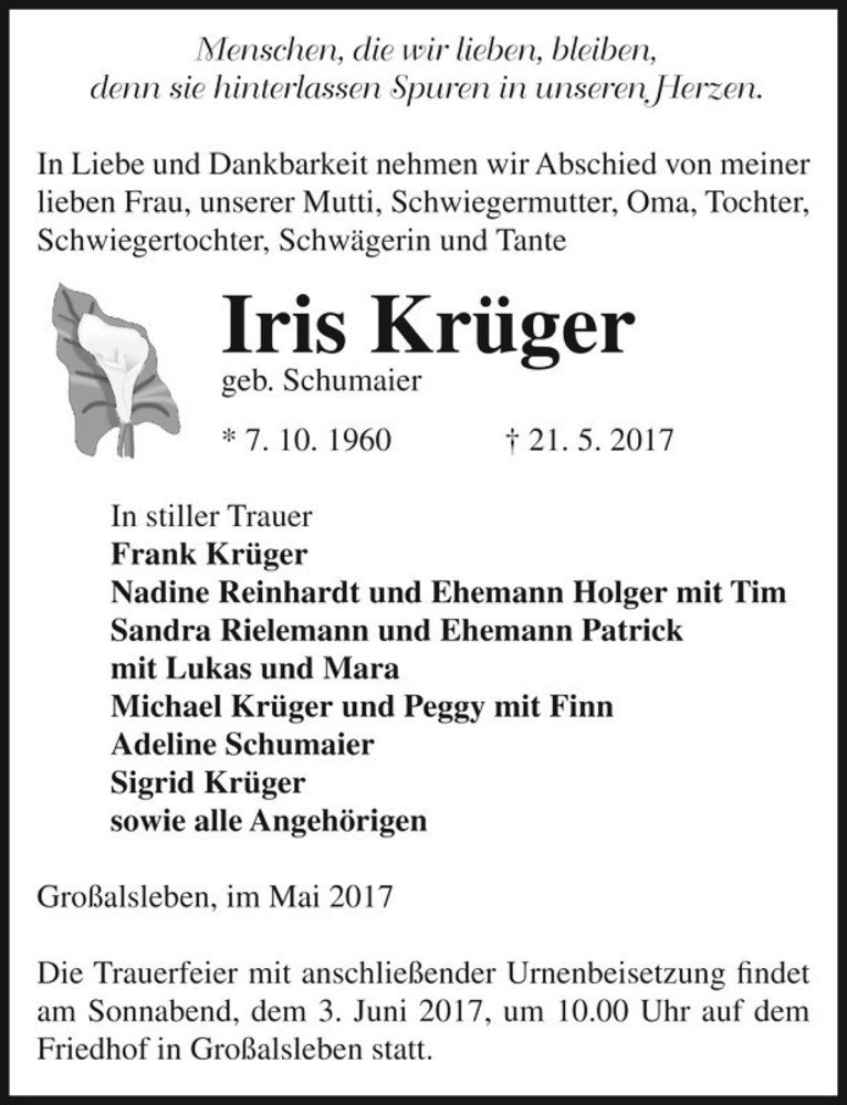  Traueranzeige für Iris Krüger (geb. Schumaier)  vom 24.05.2017 aus Magdeburger Volksstimme