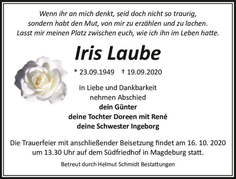  Traueranzeige für Iris Laube  vom 10.10.2020 aus Magdeburger Volksstimme