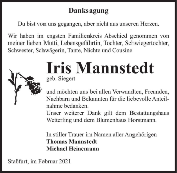 Traueranzeige von Iris Mannstedt (geb. Siegert)  von Magdeburger Volksstimme