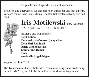 Traueranzeige von Iris Motilewski (geb. Weschke)  von Magdeburger Volksstimme