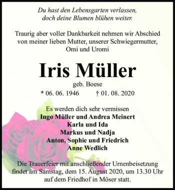 Traueranzeige von Iris Müller (geb. Boese)  von Magdeburger Volksstimme