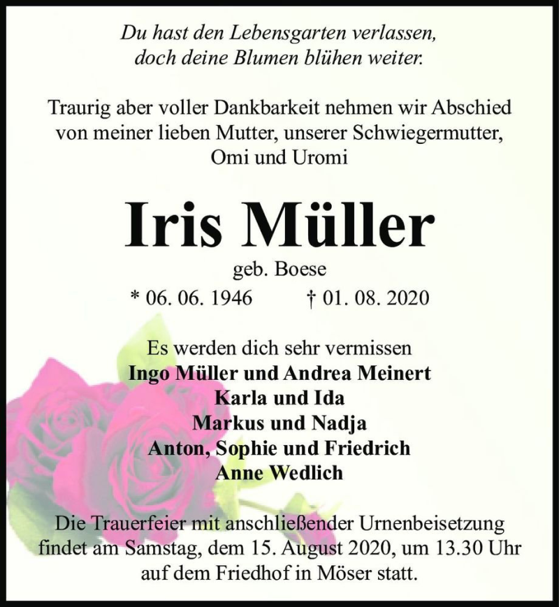  Traueranzeige für Iris Müller (geb. Boese)  vom 08.08.2020 aus Magdeburger Volksstimme