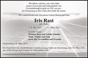 Traueranzeige von Iris Rast (geb. Balke)  von Magdeburger Volksstimme