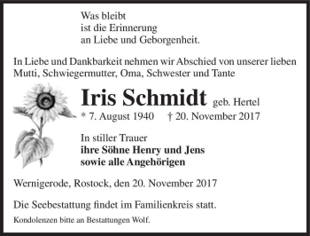 Traueranzeige von Iris Schmidt (geb. Hertel)  von Magdeburger Volksstimme