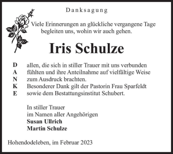 Traueranzeige von Iris Schulze  von Magdeburger Volksstimme