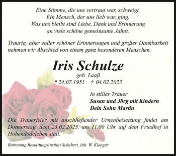 Traueranzeige von Iris Schulze (geb. Laaß)  von Magdeburger Volksstimme