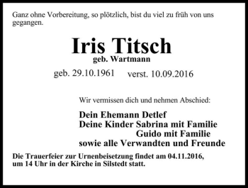 Traueranzeige von Iris Titsch (geb. Wartmann)  von Magdeburger Volksstimme