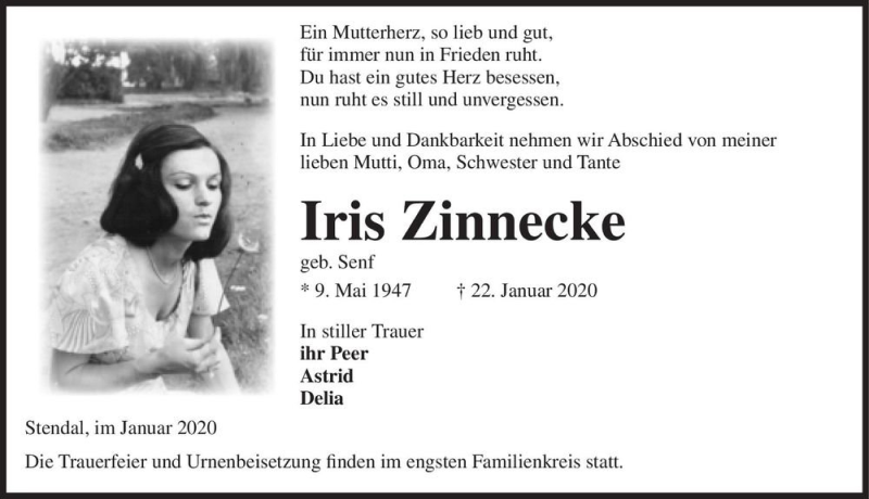  Traueranzeige für Iris Zinnecke (geb. Senf)  vom 31.01.2020 aus Magdeburger Volksstimme