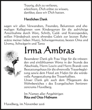 Traueranzeige von Irma Ambras  von Magdeburger Volksstimme