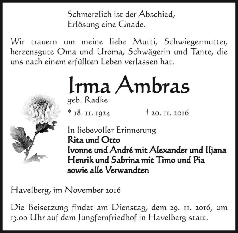  Traueranzeige für Irma Ambras (geb. Radke)  vom 26.11.2016 aus Magdeburger Volksstimme