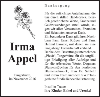Traueranzeige von Irma Appel  von Magdeburger Volksstimme