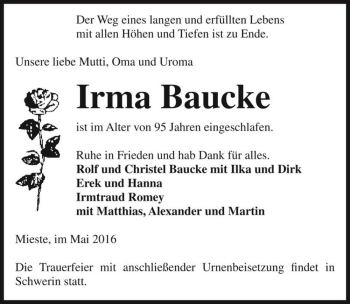 Traueranzeige von Irma Baucke  von Magdeburger Volksstimme