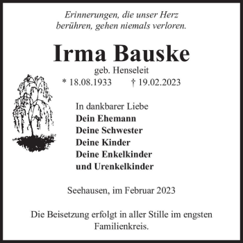 Traueranzeige von Irma Bauske (geb. Henseleit)  von Magdeburger Volksstimme