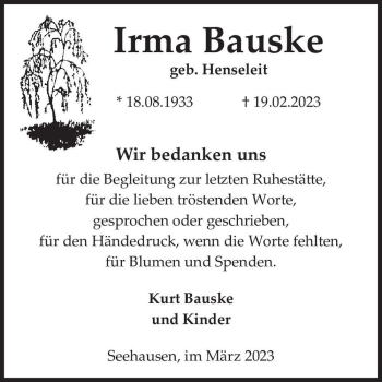 Traueranzeige von Irma Bauske (geb. Henseleit)  von Magdeburger Volksstimme