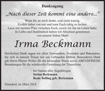 Traueranzeige von Irma Beckmann  von Magdeburger Volksstimme