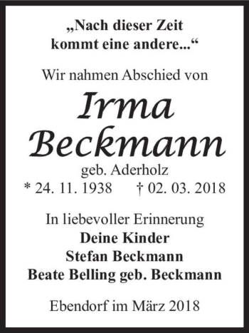 Traueranzeige von Irma Beckmann (geb. Aderholz)  von Magdeburger Volksstimme