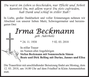 Traueranzeige von Irma Beckmann (geb. Aderholz)  von Magdeburger Volksstimme