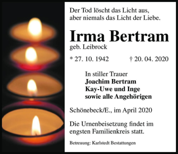 Traueranzeige von Irma Bertram (geb. Leibrock)  von Magdeburger Volksstimme