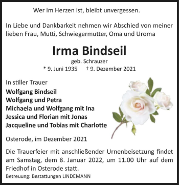 Traueranzeige von Irma Bindseil (geb. Schrauzer)  von Magdeburger Volksstimme