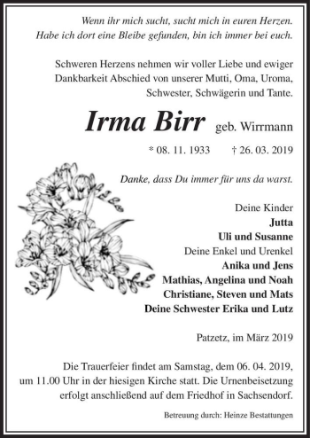 Traueranzeige von Irma Birr (geb. Wirrmann)  von Magdeburger Volksstimme