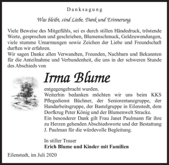 Traueranzeige von Irma Blume  von Magdeburger Volksstimme