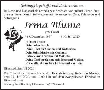 Traueranzeige von Irma Blume (geb. Gaudl)  von Magdeburger Volksstimme