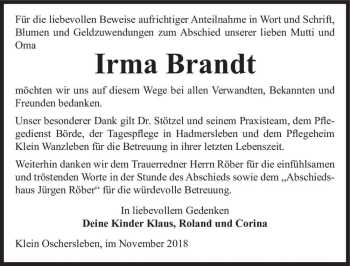 Traueranzeige von Irma Brandt  von Magdeburger Volksstimme