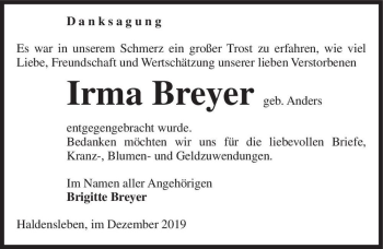 Traueranzeige von Irma Breyer (geb. Anders)  von Magdeburger Volksstimme
