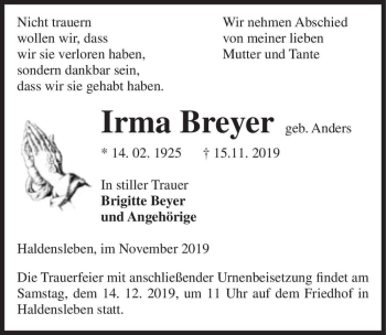 Traueranzeige von Irma Breyer (geb. Anders)  von Magdeburger Volksstimme