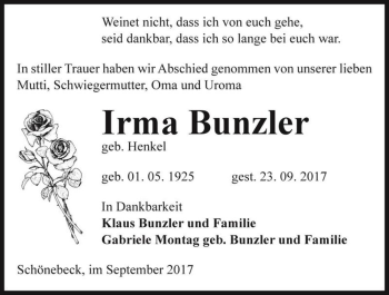 Traueranzeige von Irma Bunzler (geb. Henkel)  von Magdeburger Volksstimme
