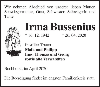 Traueranzeige von Irma Bussenius  von Magdeburger Volksstimme