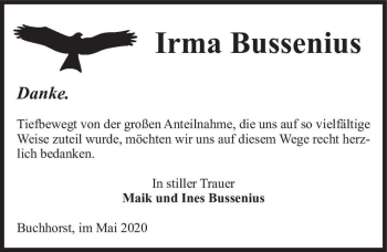 Traueranzeige von Irma Bussenius  von Magdeburger Volksstimme