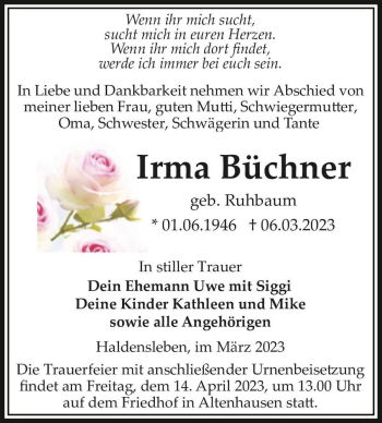 Traueranzeige von Irma Büchner (geb. Ruhbaum)  von Magdeburger Volksstimme