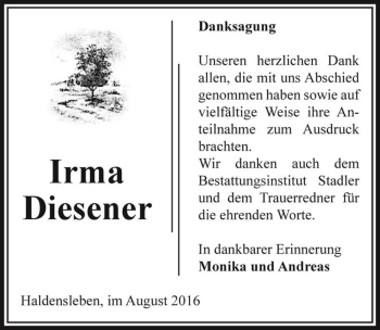 Traueranzeige von Irma Diesener  von Magdeburger Volksstimme