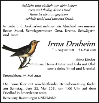 Traueranzeige von Irma Draheim  von Magdeburger Volksstimme