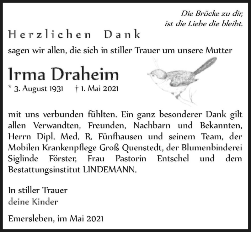  Traueranzeige für Irma Draheim  vom 29.05.2021 aus Magdeburger Volksstimme