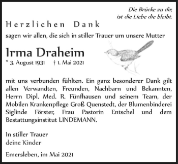 Traueranzeige von Irma Draheim  von Magdeburger Volksstimme