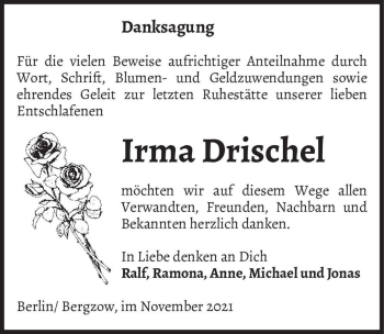 Traueranzeige von Irma Drischel  von Magdeburger Volksstimme