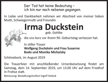Traueranzeige von Irma Duckstein (geb. Gohlke)  von Magdeburger Volksstimme