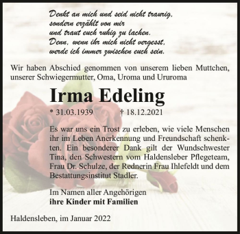 Traueranzeige von Irma Edeling  von Magdeburger Volksstimme