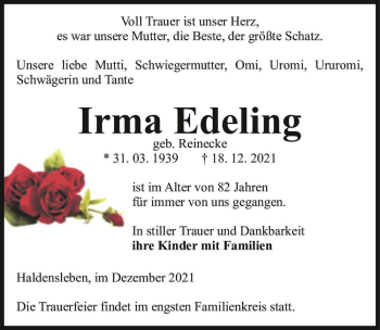 Traueranzeige von Irma Edeling (geb. Reinecke)  von Magdeburger Volksstimme
