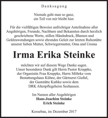 Traueranzeige von Irma Erika Steinke  von Magdeburger Volksstimme