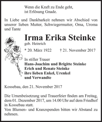 Traueranzeige von Irma Erika Steinke (geb. Heinrich)  von Magdeburger Volksstimme