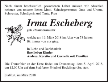 Traueranzeige von Irma Escheberg (geb. Hammermeister)  von Magdeburger Volksstimme