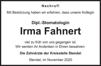 Traueranzeige von Irma Fahnert  von Magdeburger Volksstimme