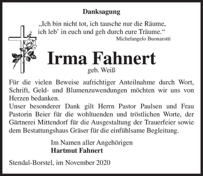  Traueranzeige für Irma Fahnert (geb. Weiß)  vom 21.11.2020 aus Magdeburger Volksstimme